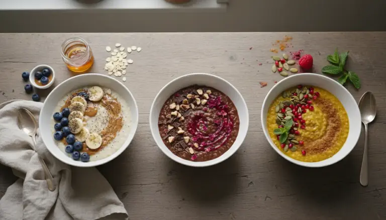 Tre ciotole di porridge con frutta e semi su un tavolo: banana e mirtilli, cacao e frutti rossi, zucca e melograno