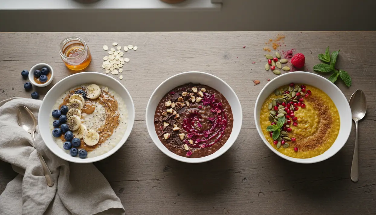 Tre ciotole di porridge con frutta e semi su un tavolo: banana e mirtilli, cacao e frutti rossi, zucca e melograno