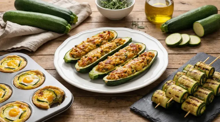 Zucchine ripiene gratinate su piatto, rotolini di zucchine grigliate e mini quiche in teglia su tavolo di legno