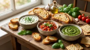 Tre salse per antipasto in ciotole con crostini, cracker, basilico, pomodorini e olio su tavolo rustico