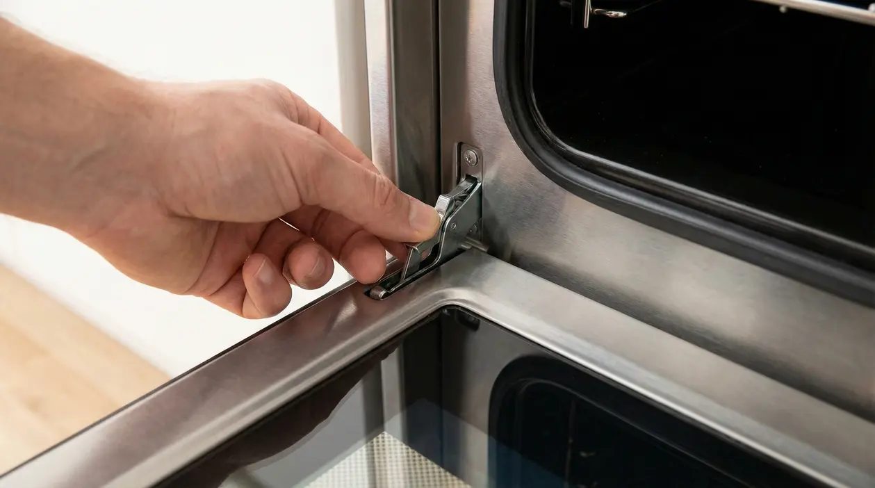 Mano che regola il fermo dello sportello del forno aperto, dettaglio del meccanismo vicino alla cerniera