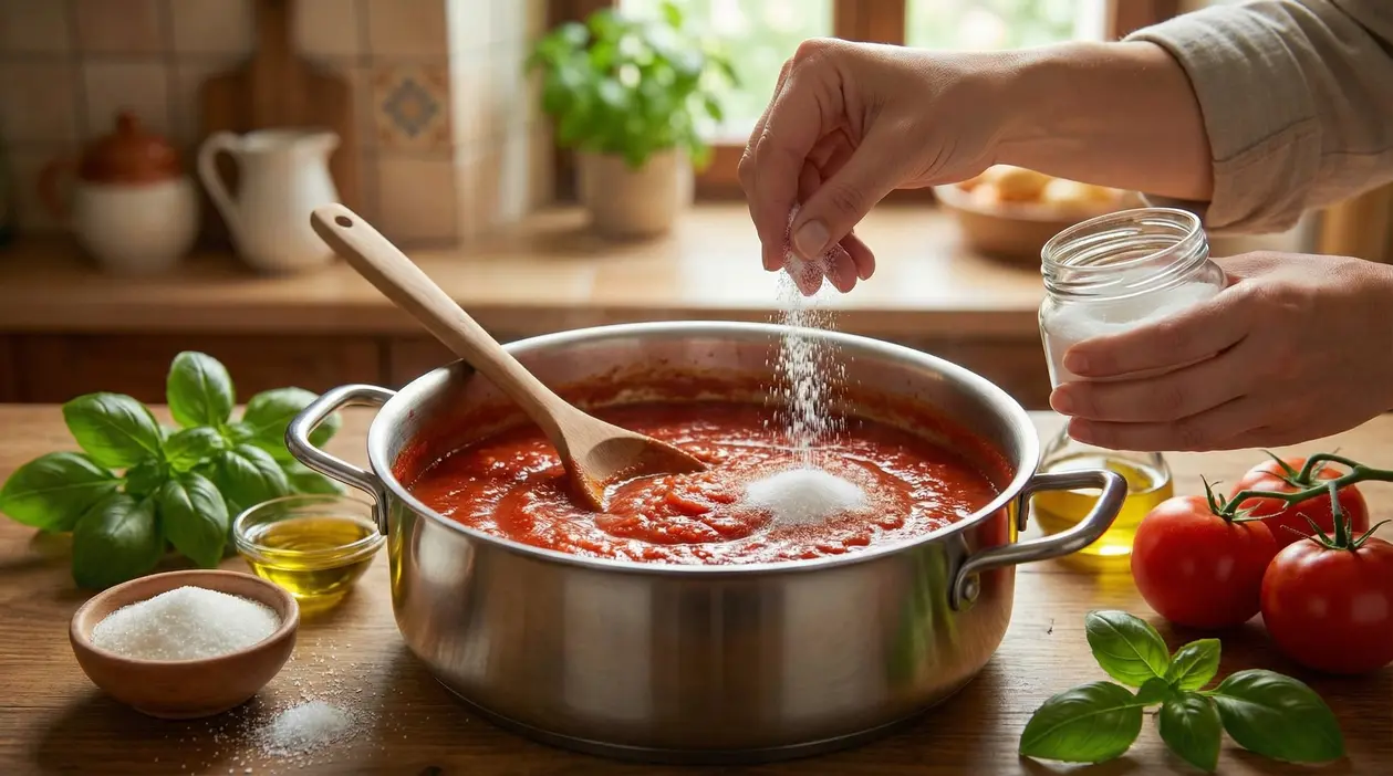 Una persona aggiunge zucchero in una pentola di sugo di pomodoro in cucina