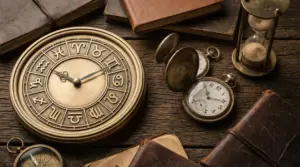 Orologio con segni zodiacali accanto a orologi da tasca, clessidra e libri su tavolo in legno
