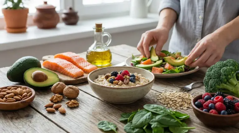 Cibi sani come salmone, avocado, frutta secca e verdure su un tavolo in cucina