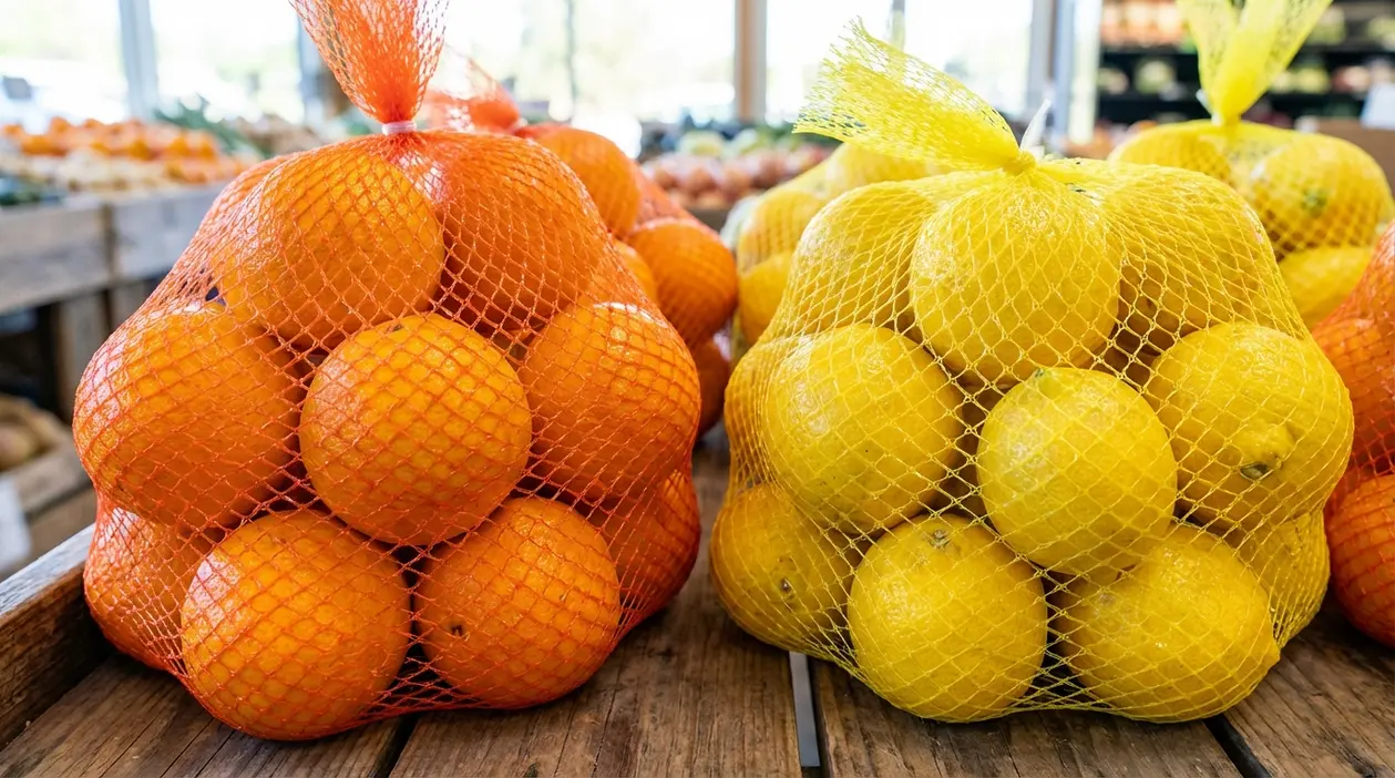 Sacchetti a rete con arance in rete arancione e limoni in rete gialla esposti su un banco di supermercato
