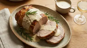 Arrosto di vitello al latte a fette con salsa cremosa e rosmarino, servito su piatto ovale