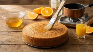 Pan di Spagna inumidito con bagna all’arancia usando un pennello da cucina, con succo e arance sul tavolo
