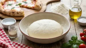 Impasto per pizza in una ciotola con ingredienti freschi su un tavolo rustico