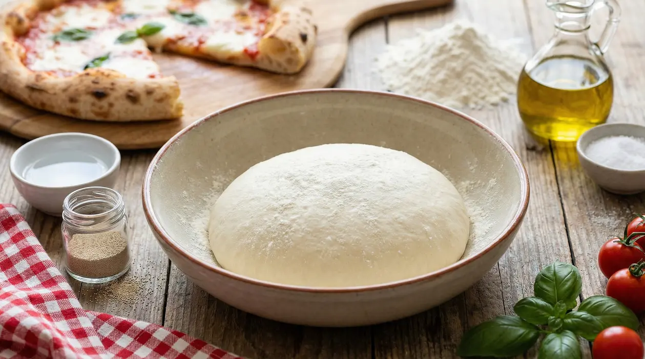 Impasto per pizza in una ciotola con ingredienti freschi su un tavolo rustico