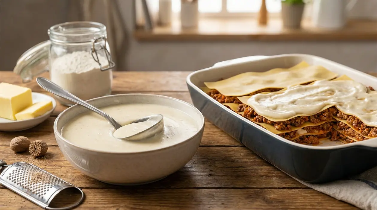 Ciotola di besciamella cremosa e teglia di lasagne in preparazione con ragù e sfoglie su tavolo di legno