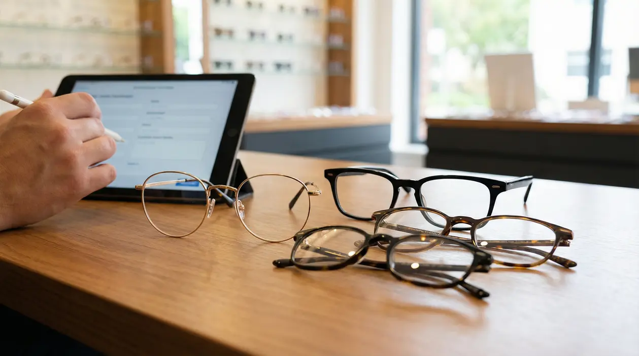 Diverse montature di occhiali su un tavolo accanto a una persona che compila un modulo su tablet