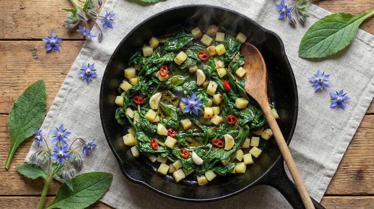 Padella di borragine saltata con patate a cubetti, aglio e peperoncino, servita su tavolo in legno con fiori di borragine