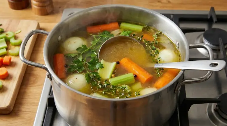 Pentola di brodo vegetale con verdure fresche come carote, sedano, cipolle e aromi.