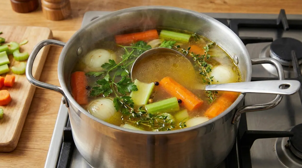 Pentola di brodo vegetale con verdure fresche come carote, sedano, cipolle e aromi.