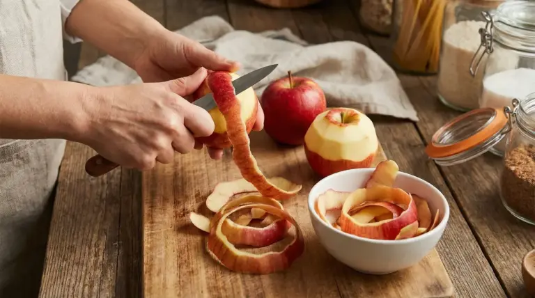 Una persona sbuccia una mela su un tagliere, con bucce in una ciotola e mele sul tavolo in cucina