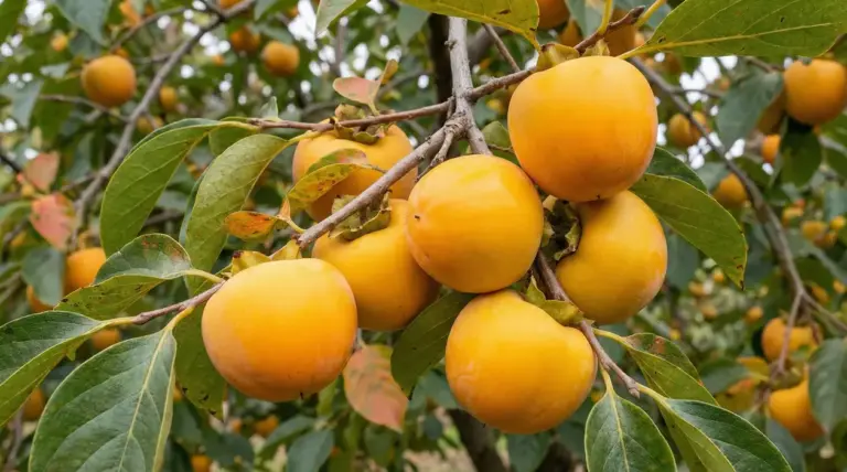 Cachi mela maturi sull’albero tra foglie verdi, in primo piano un grappolo di frutti arancioni