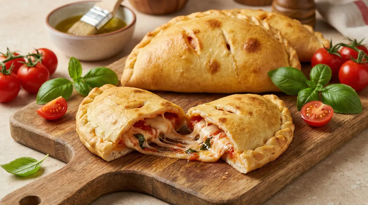 Calzoni ripieni al forno con mozzarella filante e pomodoro, serviti su tagliere con basilico e pomodorini