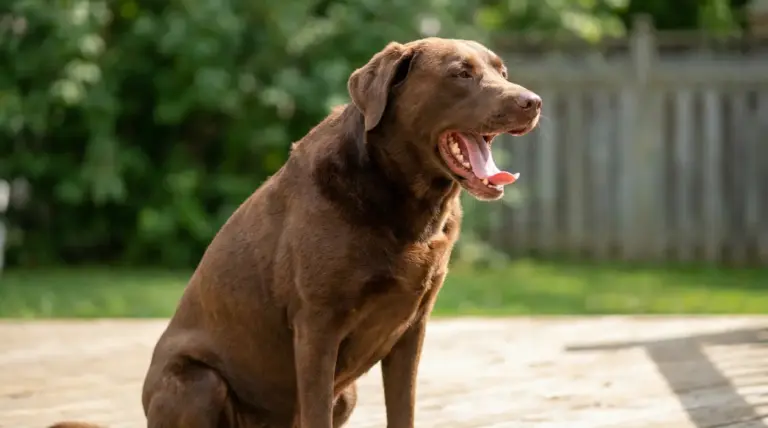 Cane marrone che sbadiglia all'aperto su un patio di legno