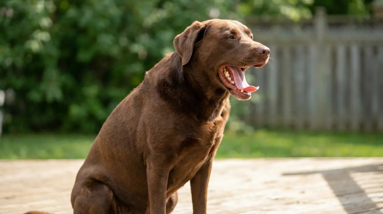 Cane marrone che sbadiglia all'aperto su un patio di legno