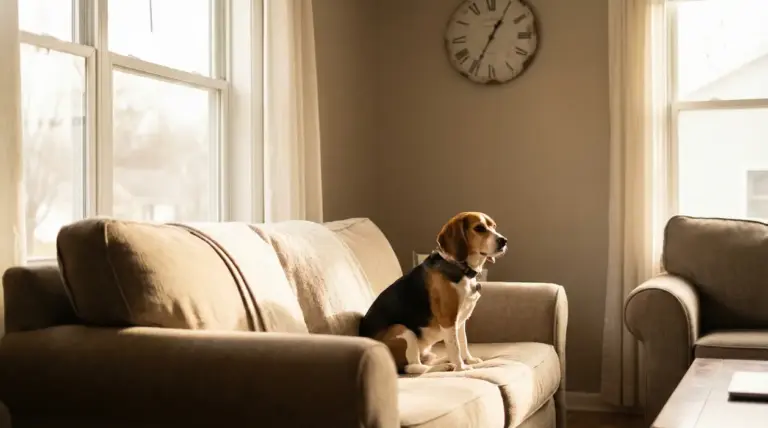 Cane seduto da solo su un divano in una stanza ben illuminata dalla luce del giorno