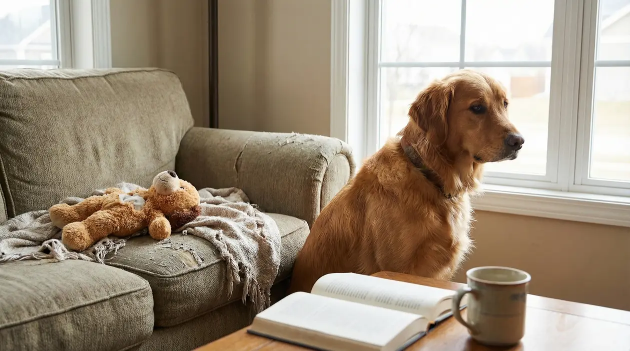 Cane seduto vicino a una finestra che guarda fuori in una casa vuota