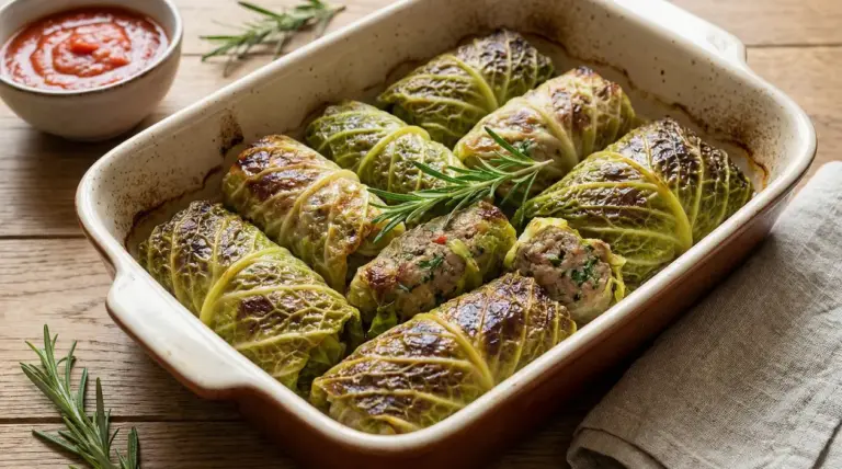 Capunet al forno avvolti in foglie di verza in teglia, con ripieno di carne e rosmarino su tavolo di legno