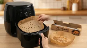 Inserto di carta da forno traforata inserito nel cestello di una friggitrice ad aria su un piano cucina
