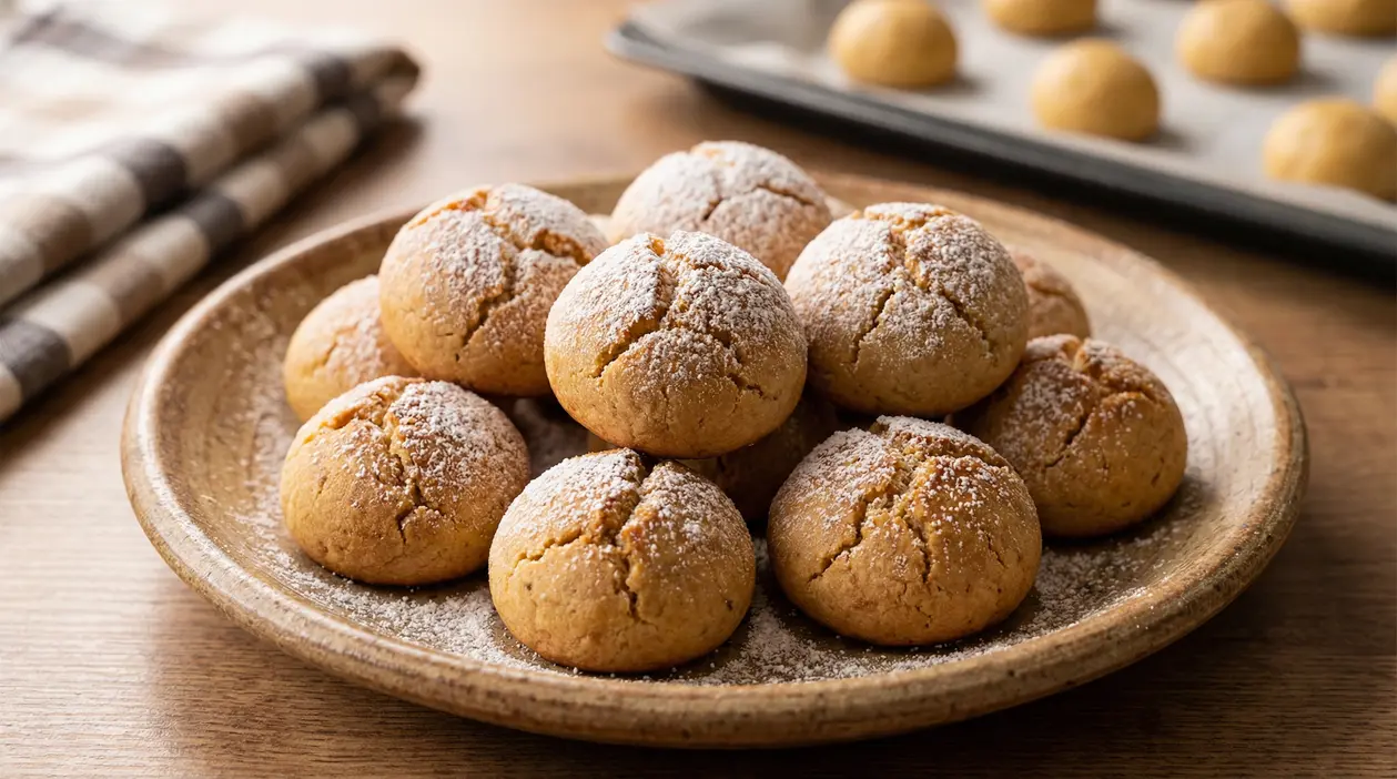 Castagnole al forno su piatto di ceramica, spolverate di zucchero a velo, con teglia sullo sfondo