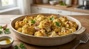 Cavolfiore gratinato al forno in una teglia di ceramica su un tavolo di legno