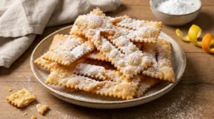 Piatto di chiacchiere dorate cosparse di zucchero a velo su tavolo in legno