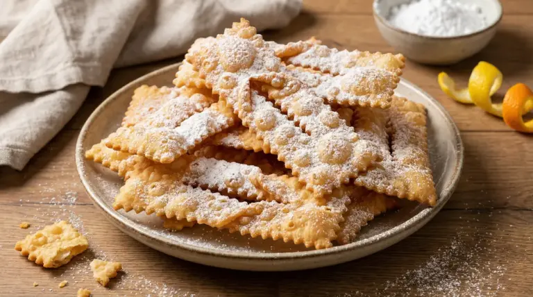 Piatto di chiacchiere dorate cosparse di zucchero a velo su tavolo in legno