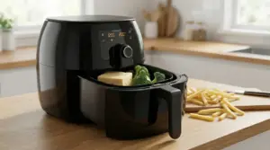 Friggitrice ad aria con cestello aperto, formaggio e broccoli, su un piano cucina con patatine sul tagliere