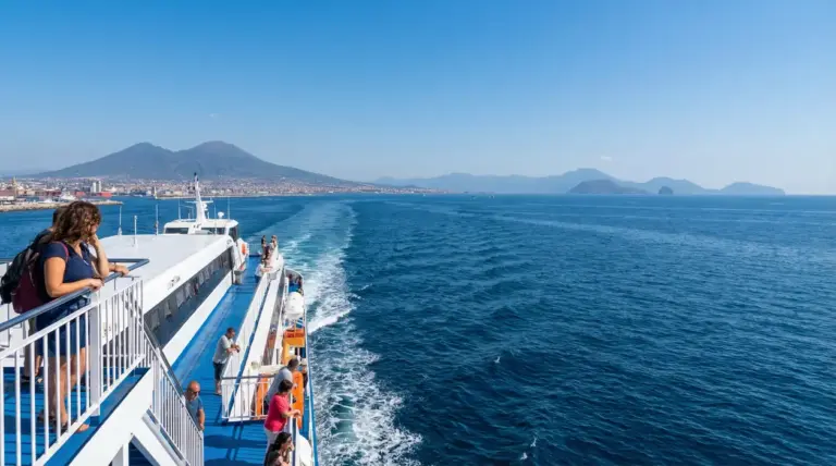 Traghetto con passeggeri in navigazione da Napoli verso le isole Eolie