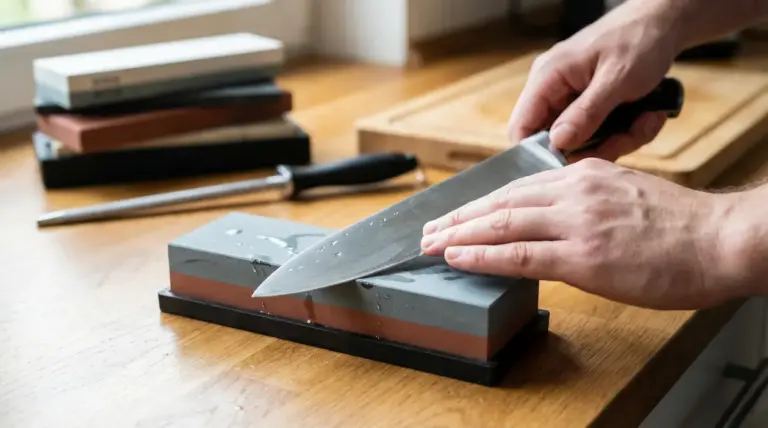 Mani che affilano un coltello da cucina su una pietra per affilare appoggiata su un tavolo di legno