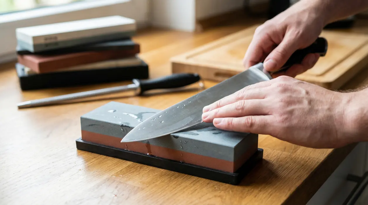 Mani che affilano un coltello da cucina su una pietra per affilare appoggiata su un tavolo di legno
