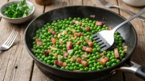 Padella con piselli surgelati cotti, cipolla e pancetta su un tavolo in legno