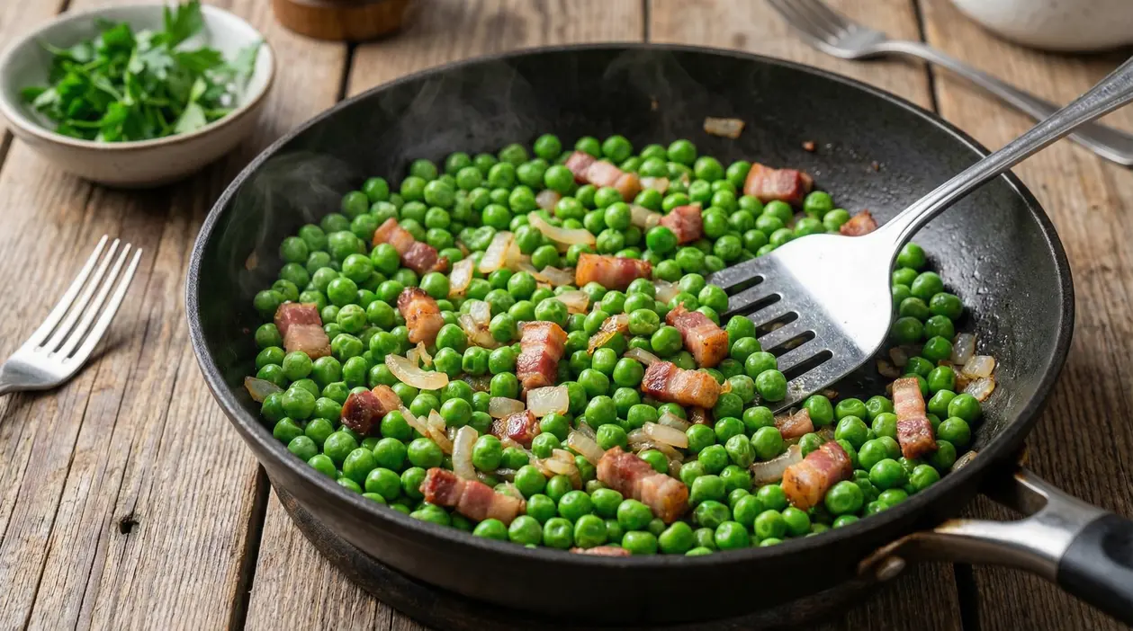 Padella con piselli surgelati cotti, cipolla e pancetta su un tavolo in legno