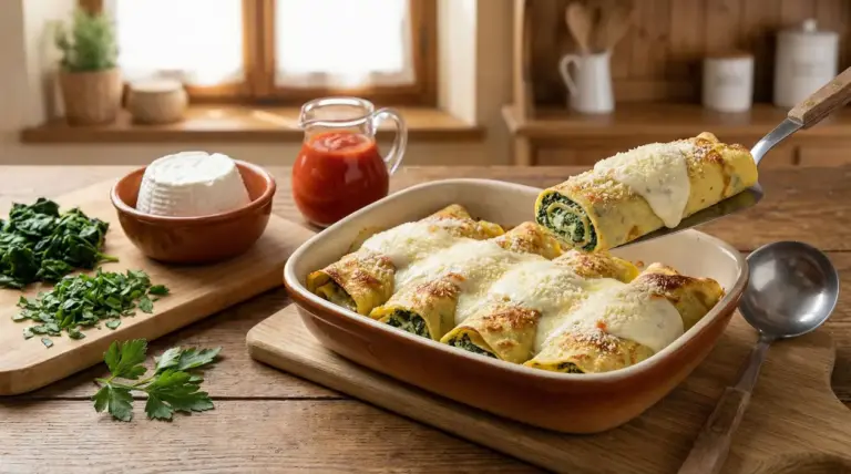 Crespelle farcite con ricotta e spinaci in una teglia da forno su un tavolo rustico