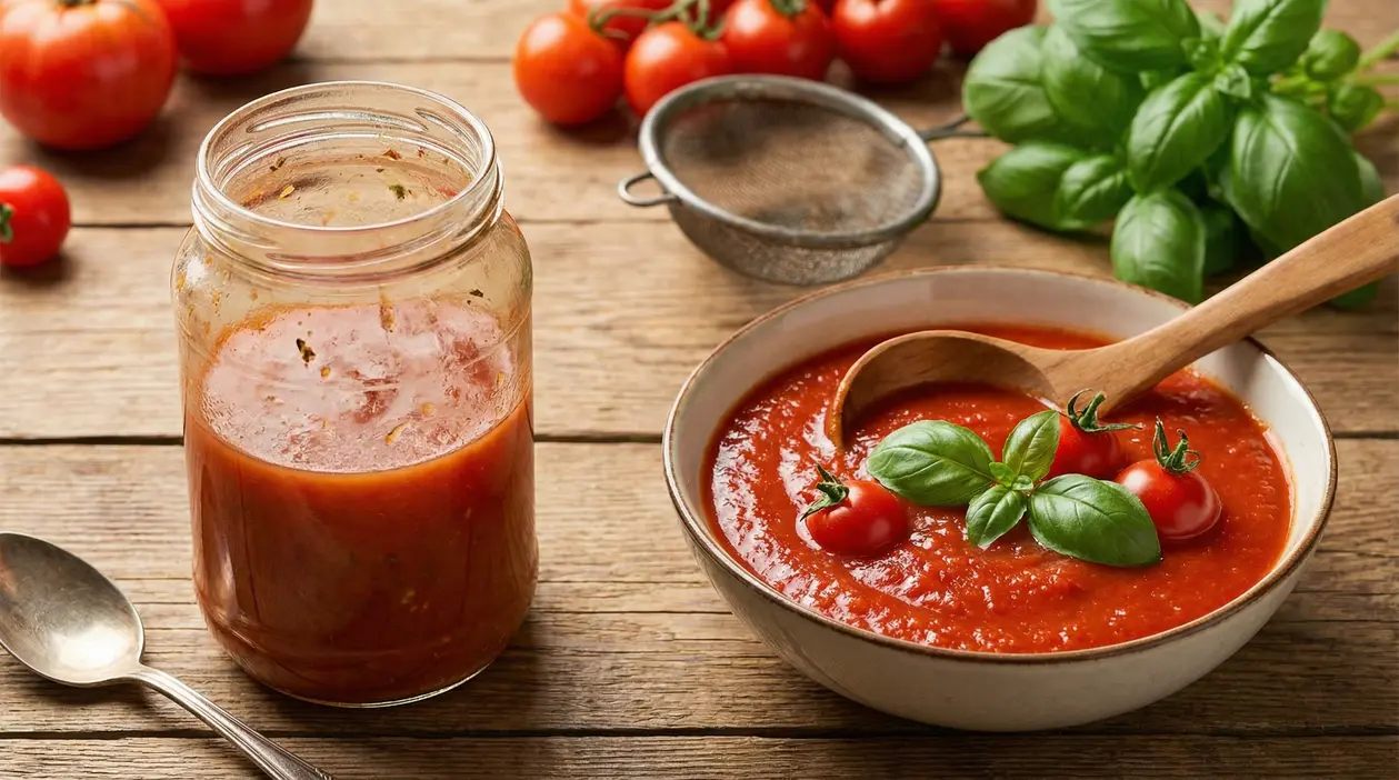 Ciotola e barattolo di salsa di pomodoro con ingredienti freschi su tavolo in legno