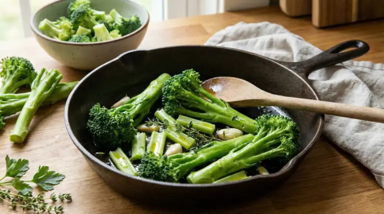 Broccoli in padella con spicchi d’aglio ed erbe aromatiche su un tagliere di legno