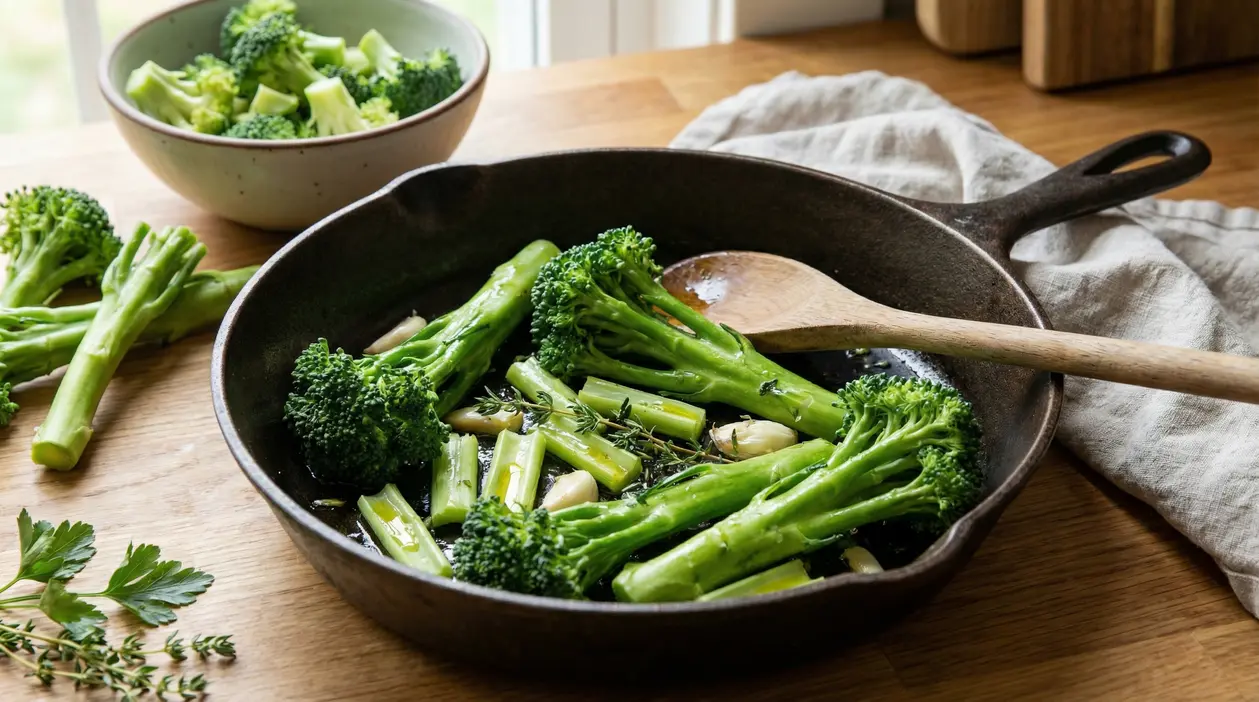 Broccoli in padella con spicchi d’aglio ed erbe aromatiche su un tagliere di legno