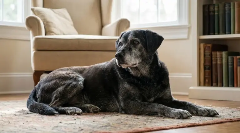 Cane anziano sdraiato su un tappeto in una stanza accogliente