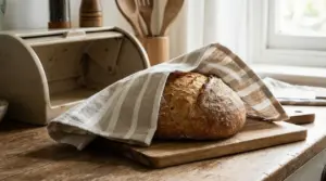 Pagnotta di pane coperta con un canovaccio su un tagliere in cucina, per mantenerla fresca più a lungo