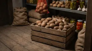 Cassetta di patate conservate in una dispensa con sacchi di juta e barattoli di conserve