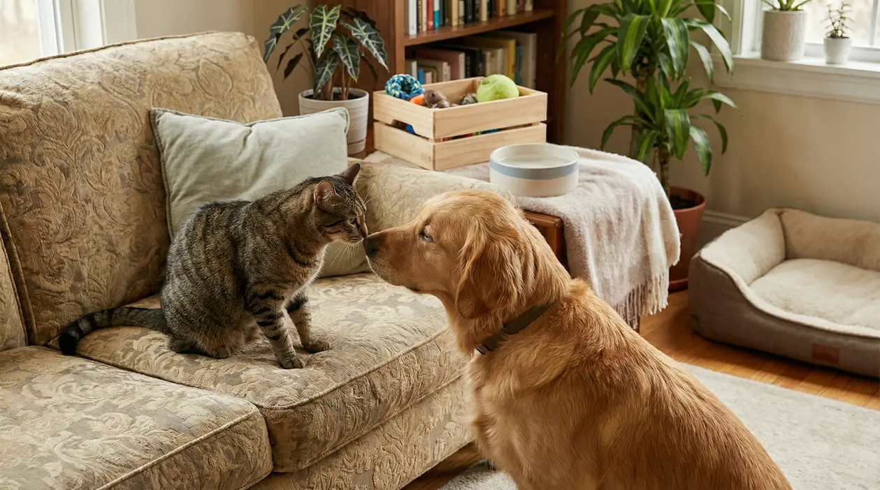 Gatto e cane che si annusano in salotto mentre si osservano da vicino
