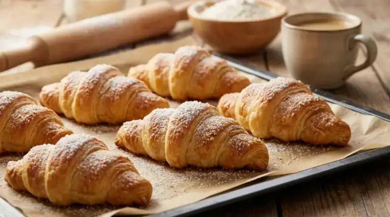 Cornetti sfogliati appena sfornati su teglia con zucchero a velo, con mattarello, farina e tazza sullo sfondo