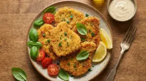 Cotolette vegetariane impanate e dorate in un piatto con basilico, pomodorini e spicchi di limone
