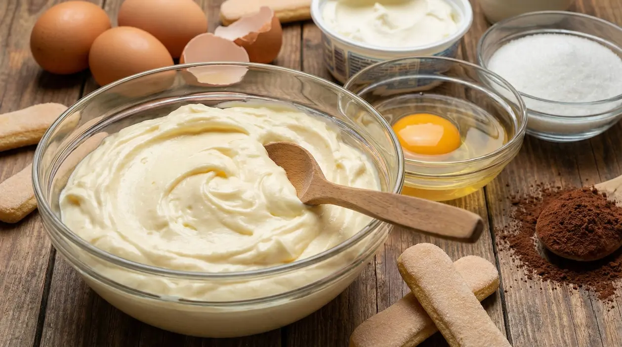 Crema al mascarpone in ciotola di vetro con ingredienti per tiramisù: uova, zucchero, savoiardi e cacao