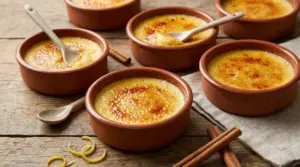 Ciotole di crema catalana con crosticina di zucchero caramellato su tavolo di legno, con cannella e scorza di limone