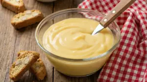 Ciotola di vetro con crema pasticcera gialla e cucchiaino su tavolo di legno, con biscotti e tovaglia a quadretti